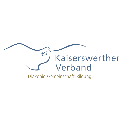 Logo Kaiserswerther Verband blaugezeichnete Taube auf weißem Hintergrund mit Unterschrift