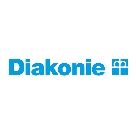 In blauer Schrift Logo der Diakonie