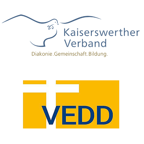 Logo Kaiserswerther Verband und VEDD blaugezeichnete Taube auf weißem Hintergrund m. Schrift